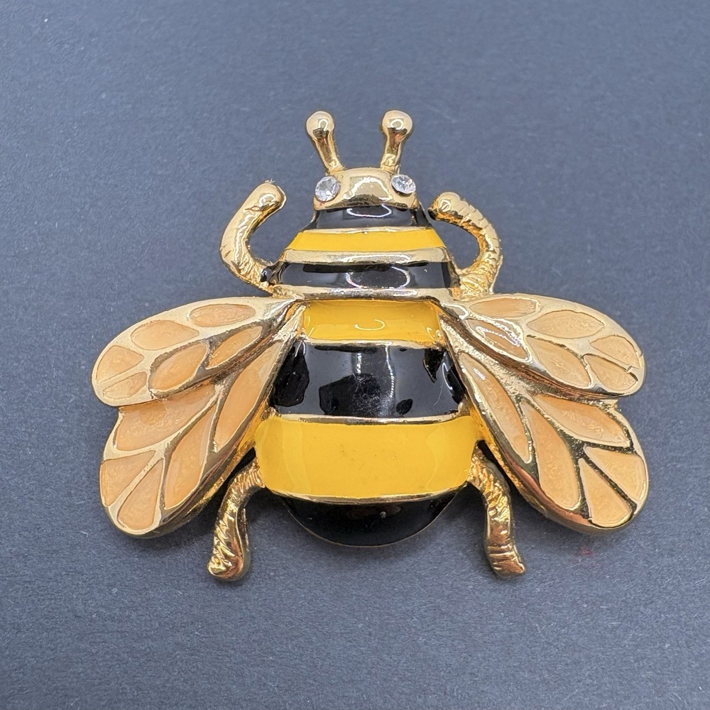 Vintage Bee Bug Insect Brooch Pin Rhinestone Eyes Gold Tone‎ Enamel